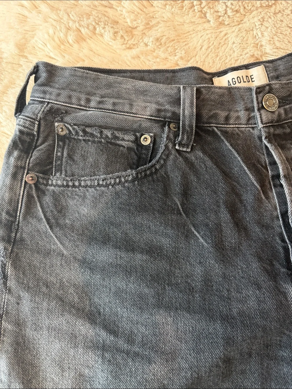 Agolde Parker long washed Black High-Rise Raw Hem Denim Shorts